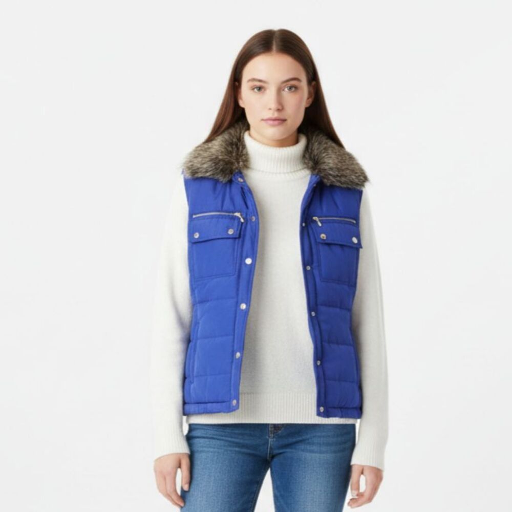 Activology Blue Fur Trim Zip Up Quilted Sleeveless Puffer Vest L